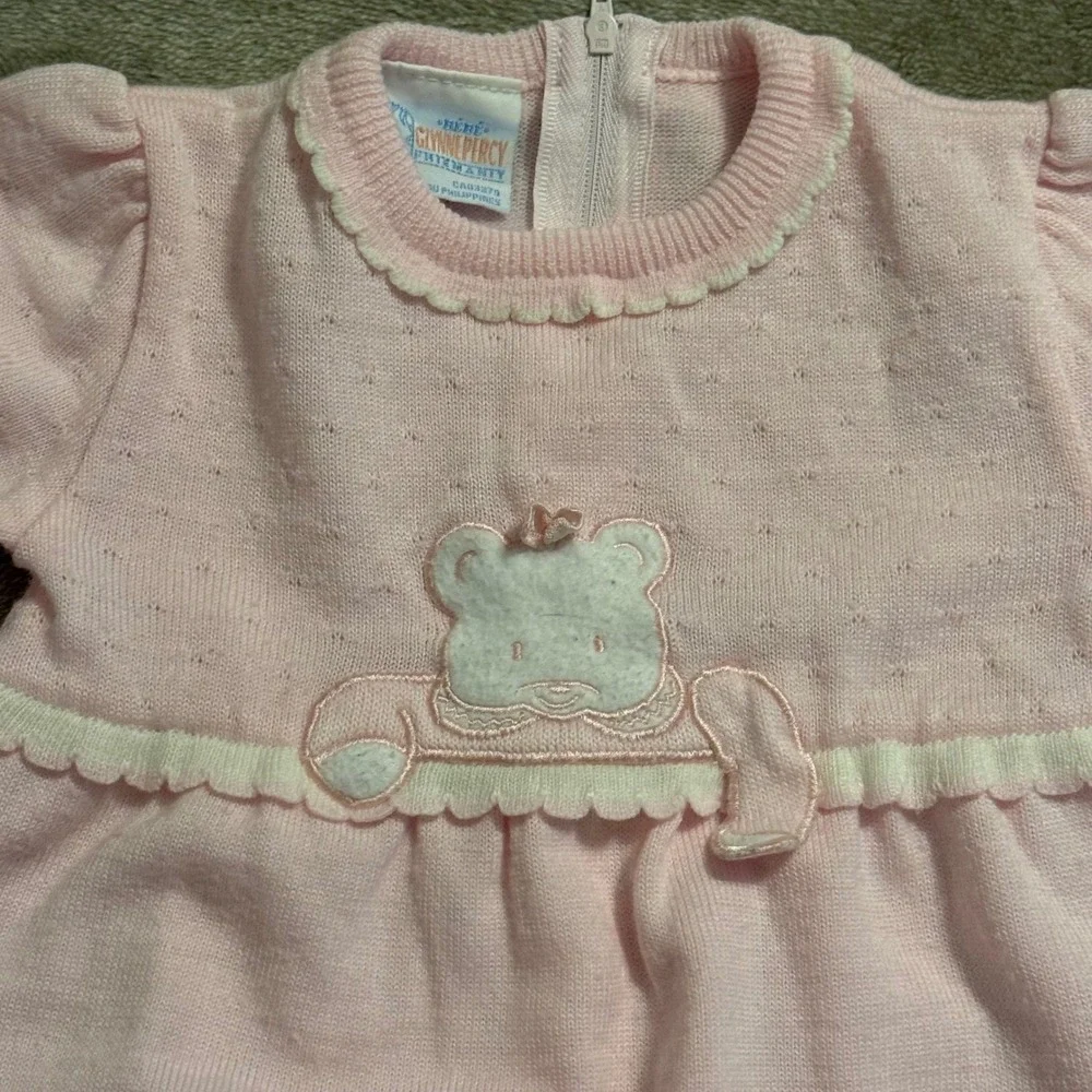 Vintage Bebe Glynne Percy Pink Knit Bear Romper Sleeper Kids 6-9 Months